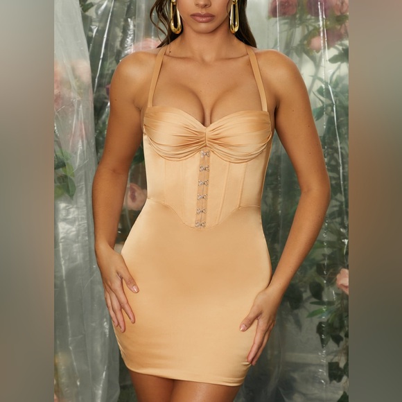 NWT Oh Polly NEW ROMANCE Pleated Bust Corset Mini Dress In Beige. Size 2 - Picture 2 of 6